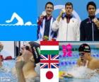 Ανδρικά παντελόνια 200 μέτρο breaststroke πόντιουμ, Daniel Gyurta (Ουγγαρία), Michael Jamieson (Ηνωμένο Βασίλειο) και Ryo Tateishi (Ιαπωνία) - London 2012-
